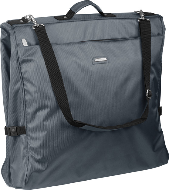 Front facing premium garment bag folded in half in grey color