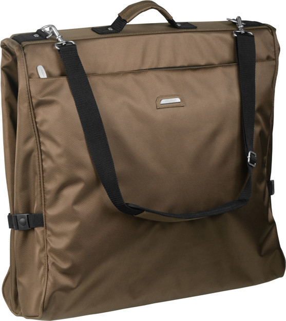 Garment bag folded in half to carry by handles or shoulder strap