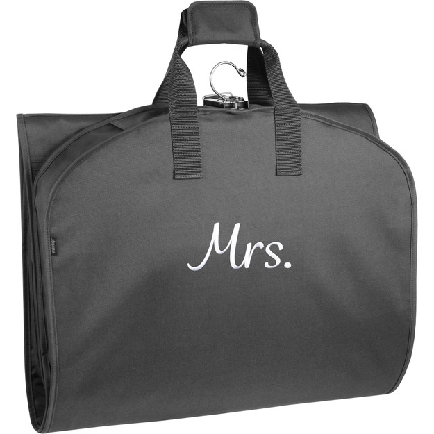 Tri-folded view of garment bag to carry by handles. 'Mrs.' embroidered in gold thread on center of bag.