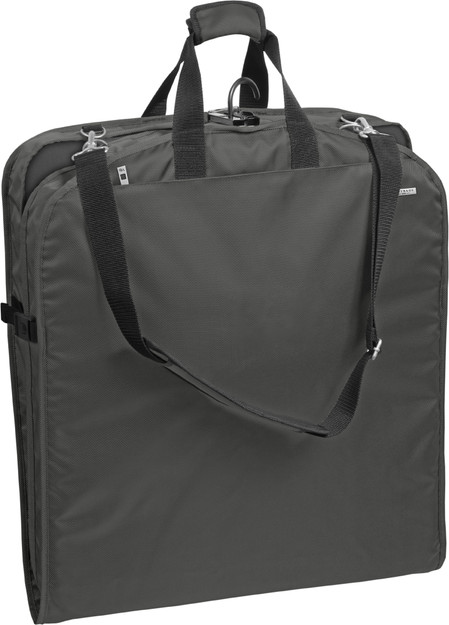 Garment bag folded in half to carry by handles or shoulder strap