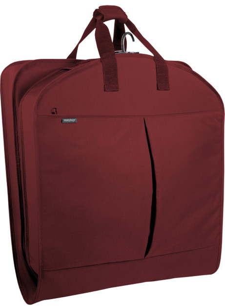Garment bag folded in half to carry by handles, shows top pleated pocket.