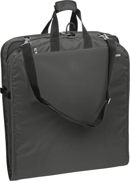 Garment bag folded in half to carry by handles or shoulder strap Grey