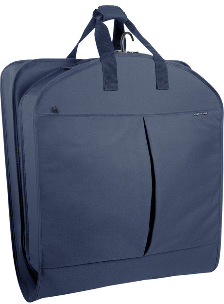 Garment bag folded in half to carry by handles, shows top pleated pocket. Garment bag folded in half to carry by handles, shows top pleated pocket.