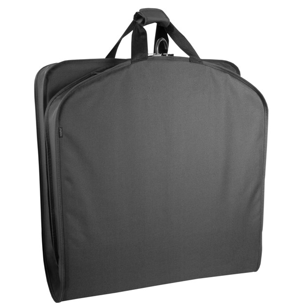 Garment bag folded in half to carry by handles.