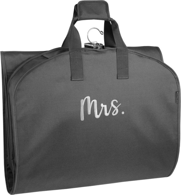 Tri-folded view of garment bag to carry by handles. 'Mrs.' embroidered in gold thread on center of bag.