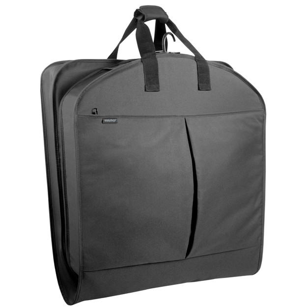 Garment bag folded in half to carry by handles, shows top pleated pocket.