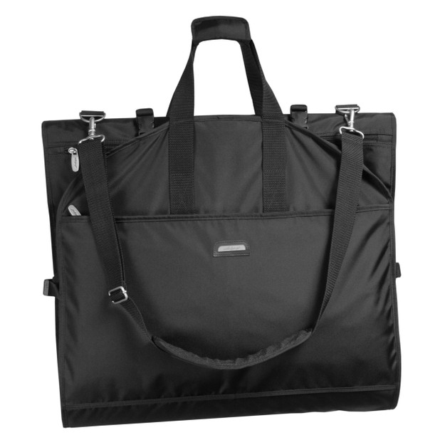 Garment bag folded to carry by handles or shoulder strap