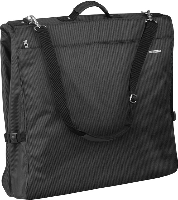 Front facing premium garment bag folded in half in Black color