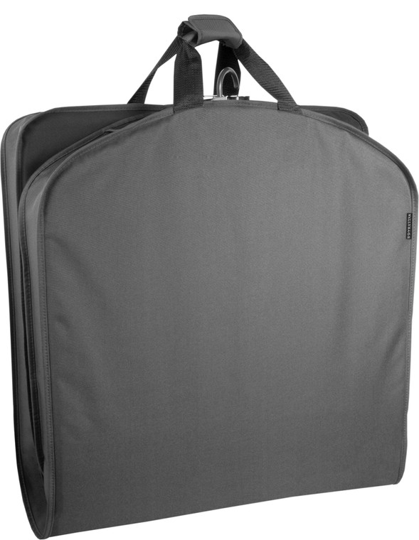 Garment bag folded in half to carry by handles.