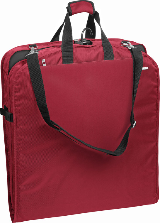 Garment bag folded in half to carry by handles or shoulder strap