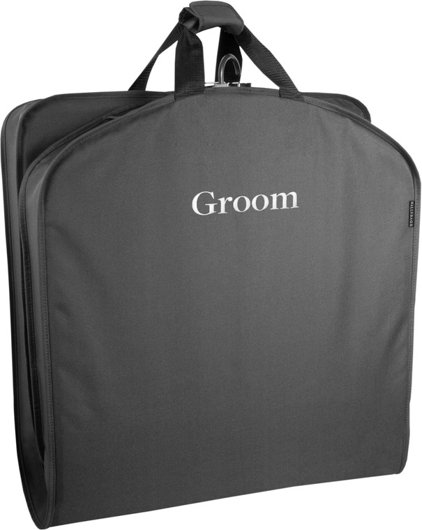 Groom Embroidered Garment bag folded in half to carry by handles