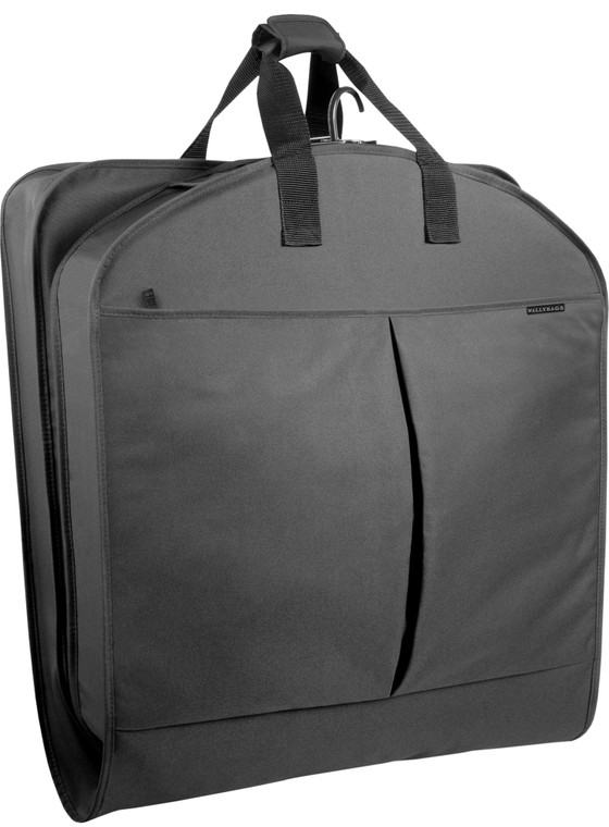 Garment bag folded in half to carry by handles.