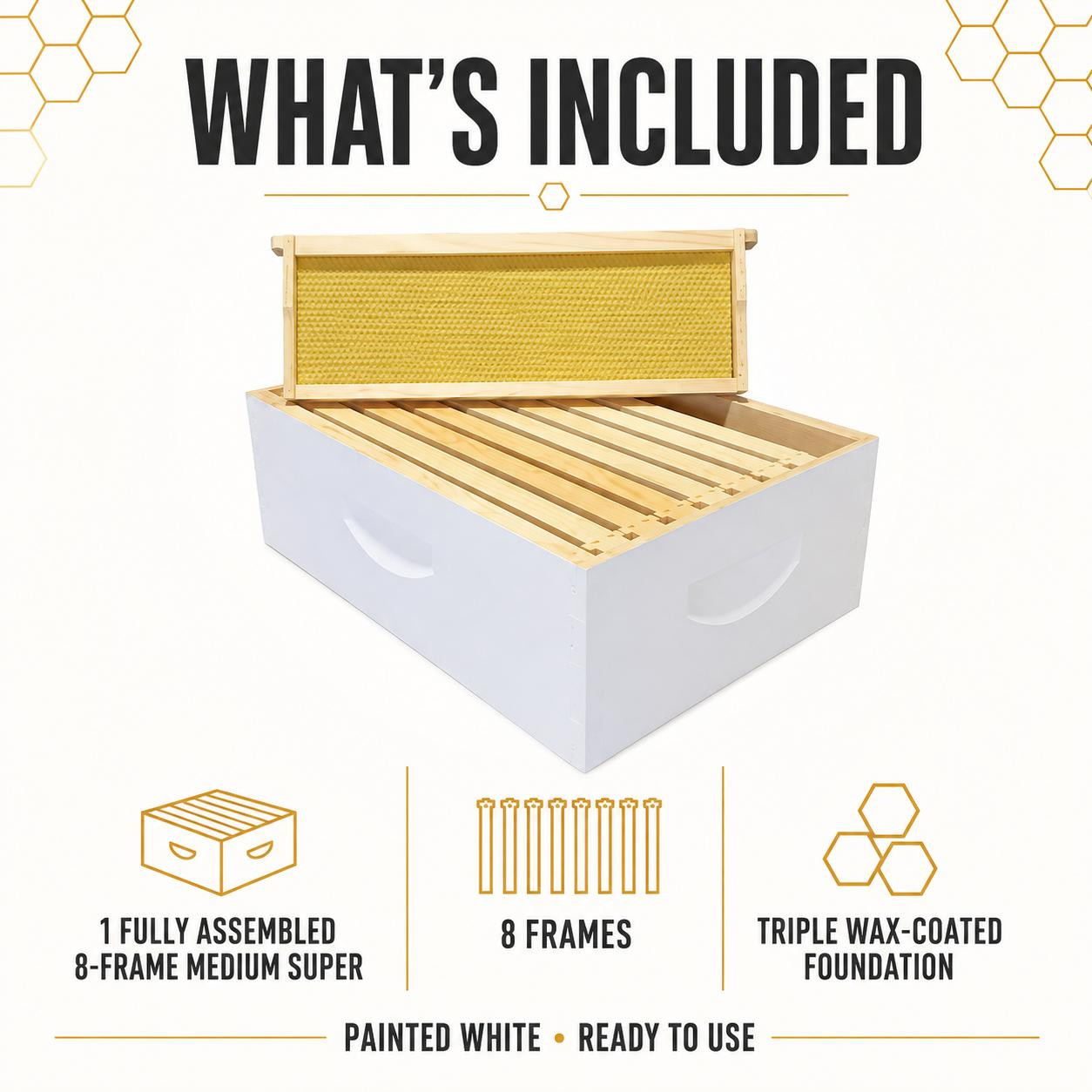 8 Frame Medium Honey Super Assembled with Triple Wax Frames