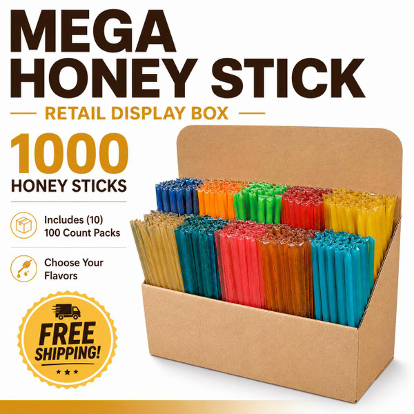 Mega Honey Stick Retail Display Box with Your Choice of 1,000 Honey Sticks (10 Packs of 100)  Lappe's Bee Supply