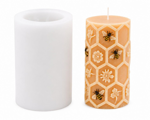 Honey Bee & Wildflower Honeycomb Pillar Candle Silicone Mold | 3.9 in. Finished Candle  Lappe's Bee Supply