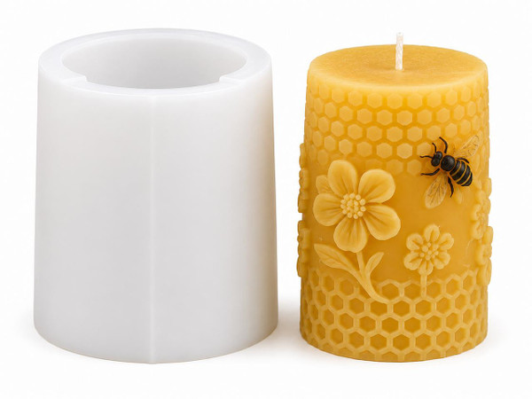 Honey Bee & Wildflower Honeycomb Cylinder Silicone Candle Mold | 3.35" Decorative Pillar Candle  Lappe's Bee Supply