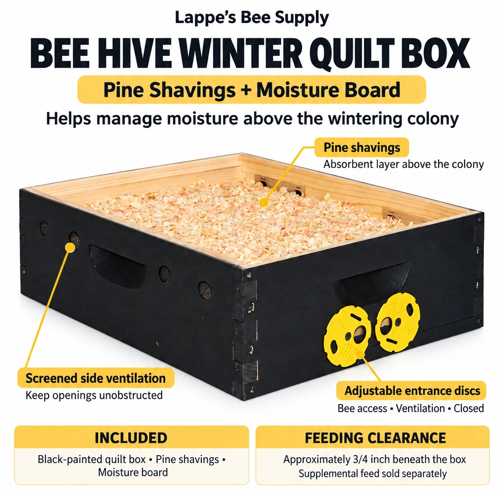 Black-painted bee hive winter quilt box filled with pine shavings and two yellow adjustable entrance discs