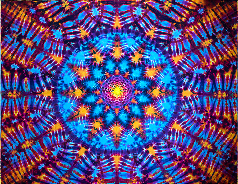 Tie Dye blankets made from hand dyed tie dye tapestries. Dark Star Mandala