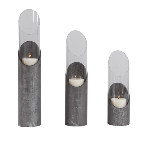 Karter Candleholders, Set/3 in Angular Design In Raw Iron And Clear Glass (52|17518)