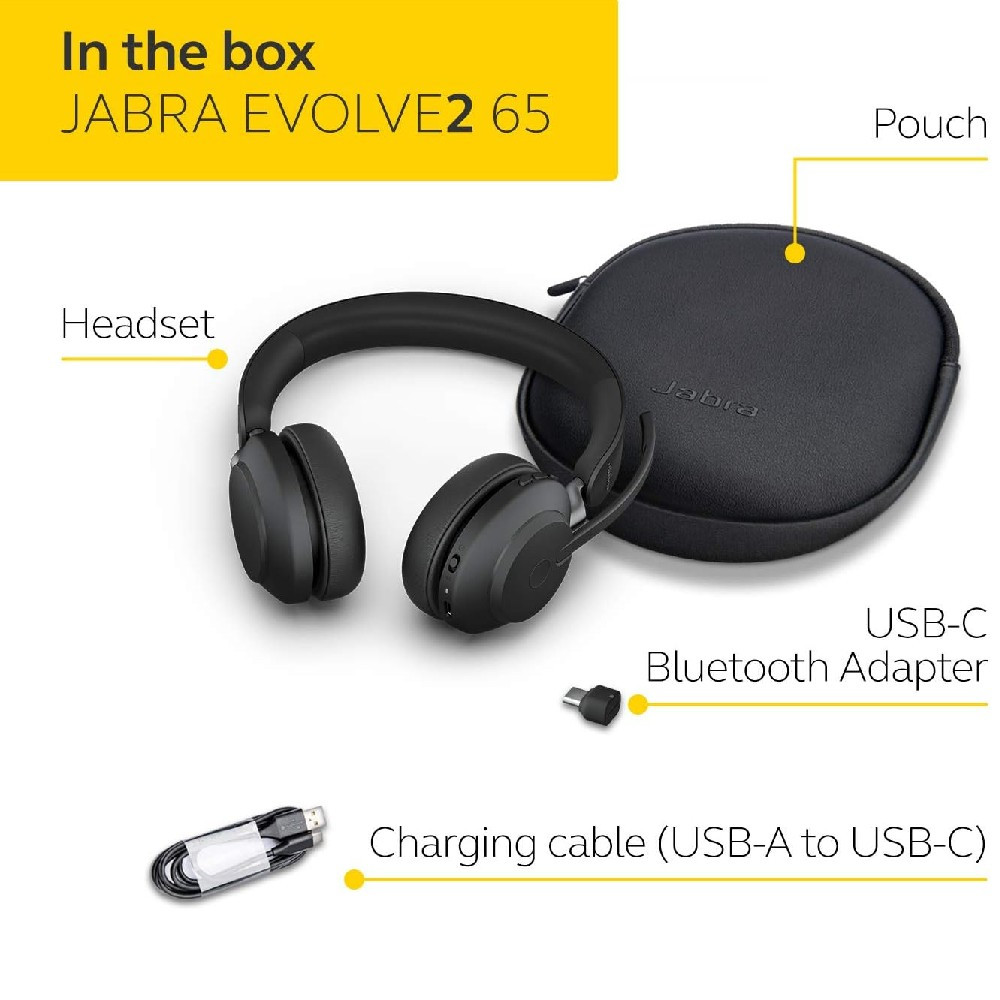 Jabra Evolve2 65 UC Stereo, Wireless Bluetooth Headset, Link 380 Adapter, USB-C (Black)