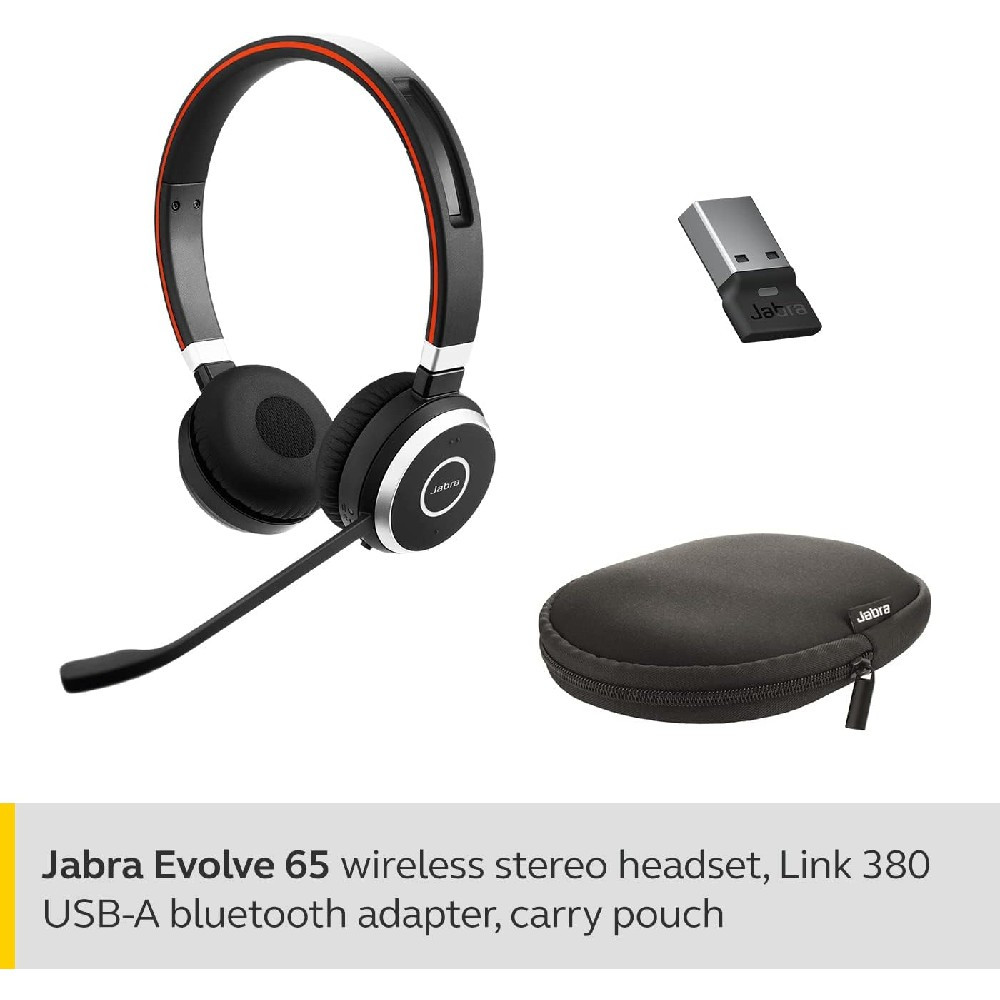 Jabra Evolve 65 SE UC Stereo, Wireless Bluetooth Headset, Link 380 Adapter, USB-A