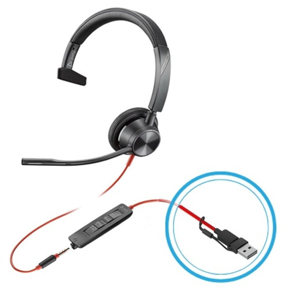 Poly Plantronics Blackwire 3315-M Teams Mono Office Headset, USB-C, 3.5mm with USB-C/A Adapter
