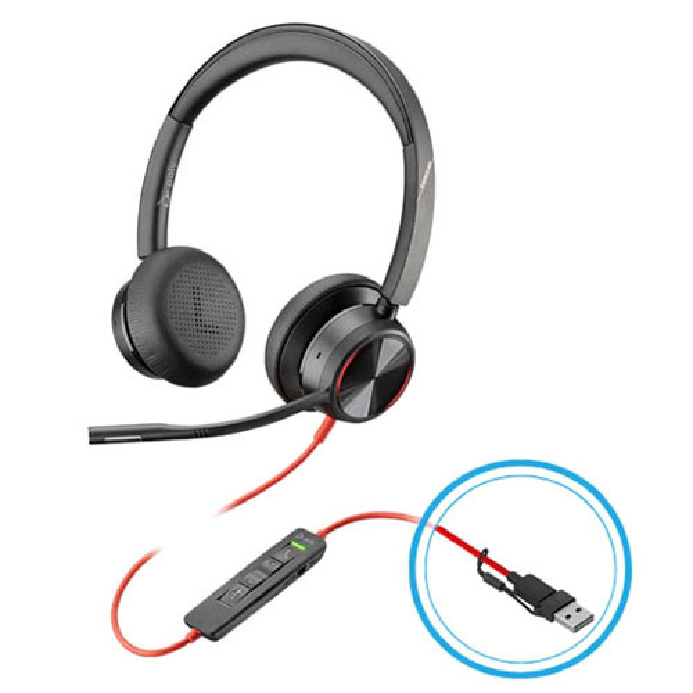 Poly Plantronics Blackwire 8225 Active Noise Cancelling Headset, With Mic Boom, USB-C with USB-C/A Adapter