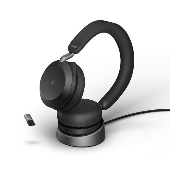Jabra Evolve2 75 MS Stereo ANC, Wireless Bluetooth Headset, Link 380 Adapter, With Charging Stand, USB-A (Black)