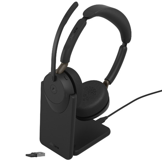 Jabra Evolve3 65 MS Stereo, Wireless Bluetooth Headset, Link 390 Adapter, With Charging Stand, USB-A