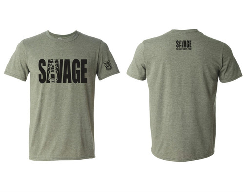 military olive green tight fitting savage t shirt gorilla logo on sleeve. black lettering savage on front.
