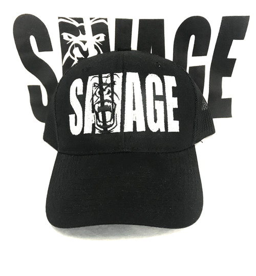 black mesh hat with white savage lettering.