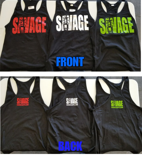 Y back Stringer Tank top, Savage gorilla logo, various colors.  Black with Red logo, Black with White logo, Black with Green logo