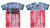 blue and red tie dye soft material t shirt with black savage lettering on front and back. black savage logo on left sleeve.