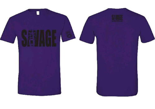 purple shirt with black letters