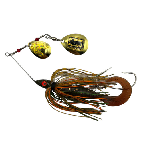 Grim Reaper Lures Mini Reaper 3/8 oz slow roll spinnerbait in 66 perch, handmade fishing lure with double Colorado blades and silicone skirt