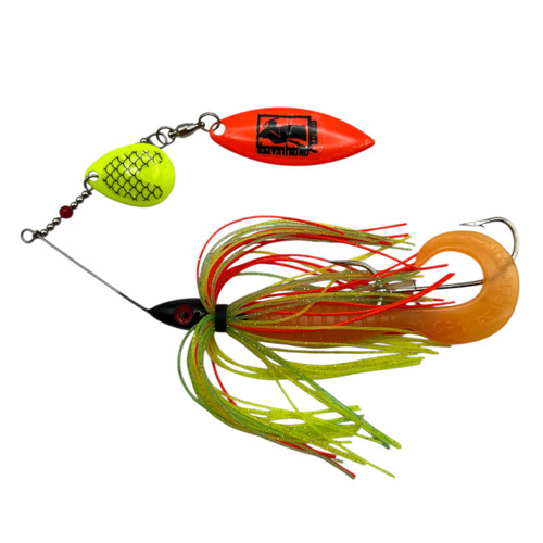 Grim Reaper Lures Mini Reaper 3/8 oz tandem spinnerbait in 34, handmade fishing lure with tandem blades and silicone skirt firetiger