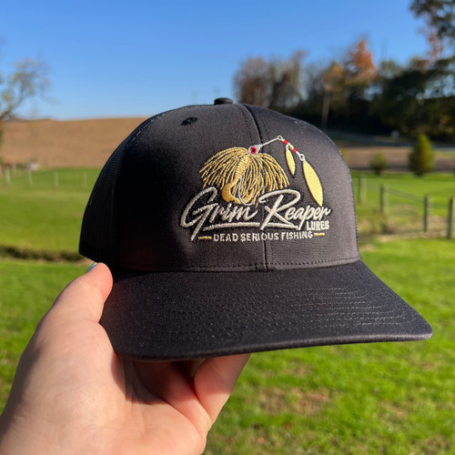 Grim Reaper Lures embroidered logo on a black Richardson 112 trucker hat