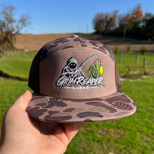 Grim Reaper Lures embroidered logo on Richardson 168P Bark Duck Camo trucker hat