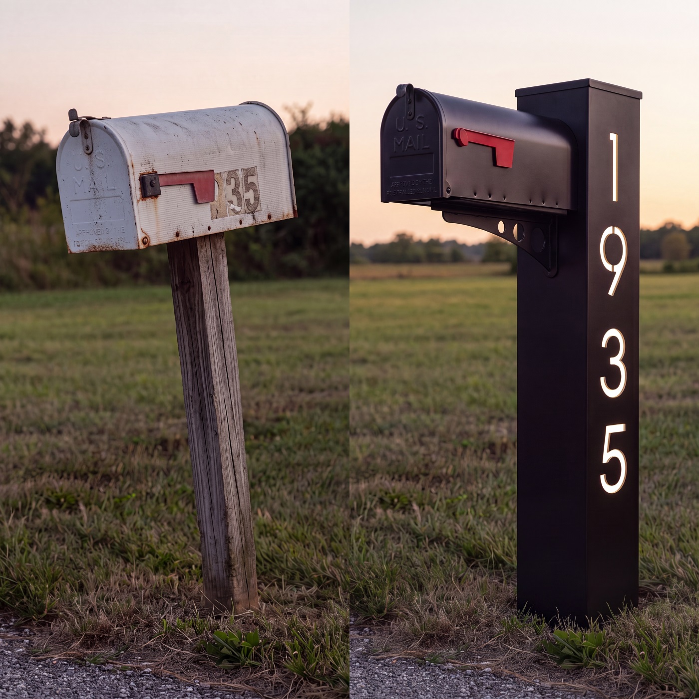 Before and after of an old mailbox replaced with the Wetherby Ridge system