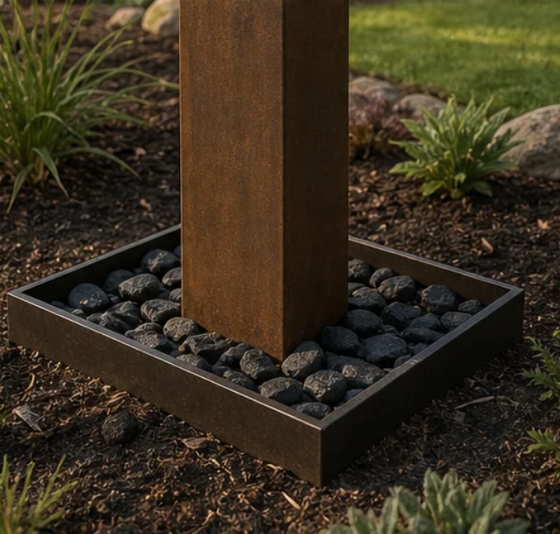 Steel Landscape Surround framing the base of an address pillar, filled with dark decorative stone.