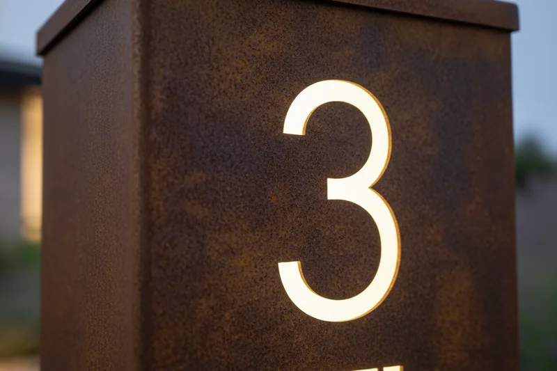 Close up of cut steel house numbers