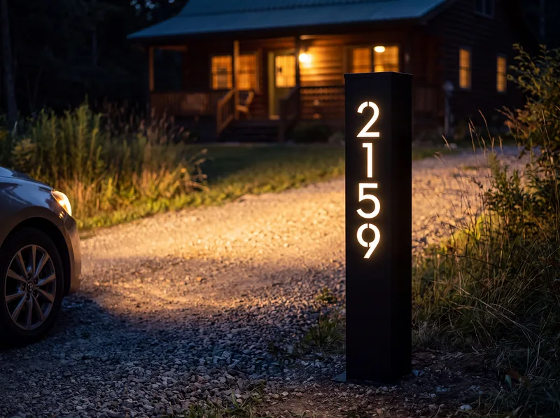 Solar address pillar at a rural farmhouse entrance at golden hour, glowing numbers visible at dusk