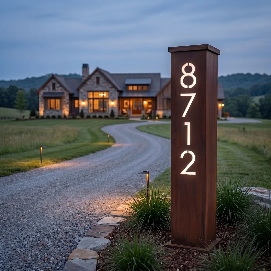 Solar Address Pillar glowing at dusk