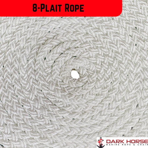 150' 5/8" 8-plait rope with SS thimble at one end and soft loop at other end