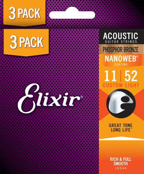 Elixir 16544X Phosphor Bronze Acoustic Guitar Strings with NANOWEB. Custom Light (11-52) 3-Pack