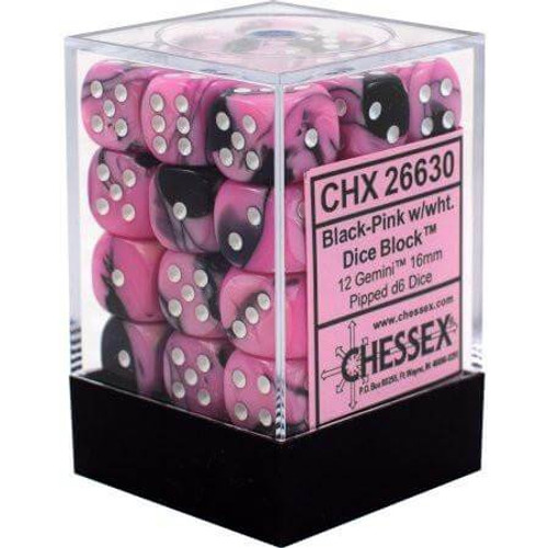 Black-Pink W/White Gemini 12mm D6 With Pips Dice Block (36 Dice)