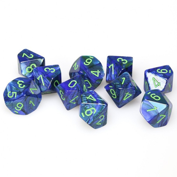 Lustrous Dark Blue W/Green Signature Polyhedral Ten D10 Set
