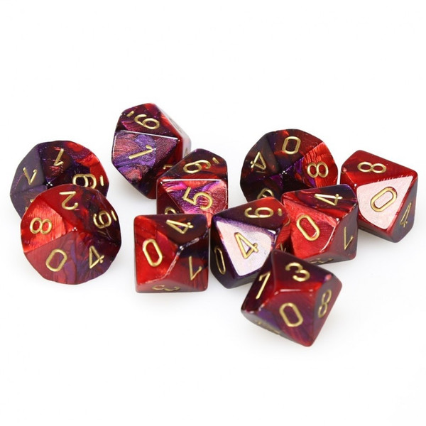 Purple-Red W/Gold Gemini Polyhedral Ten D10 Set