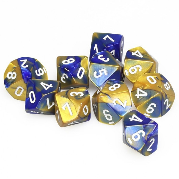 Blue-Gold W/White Gemini Polyhedral Ten D10 Set