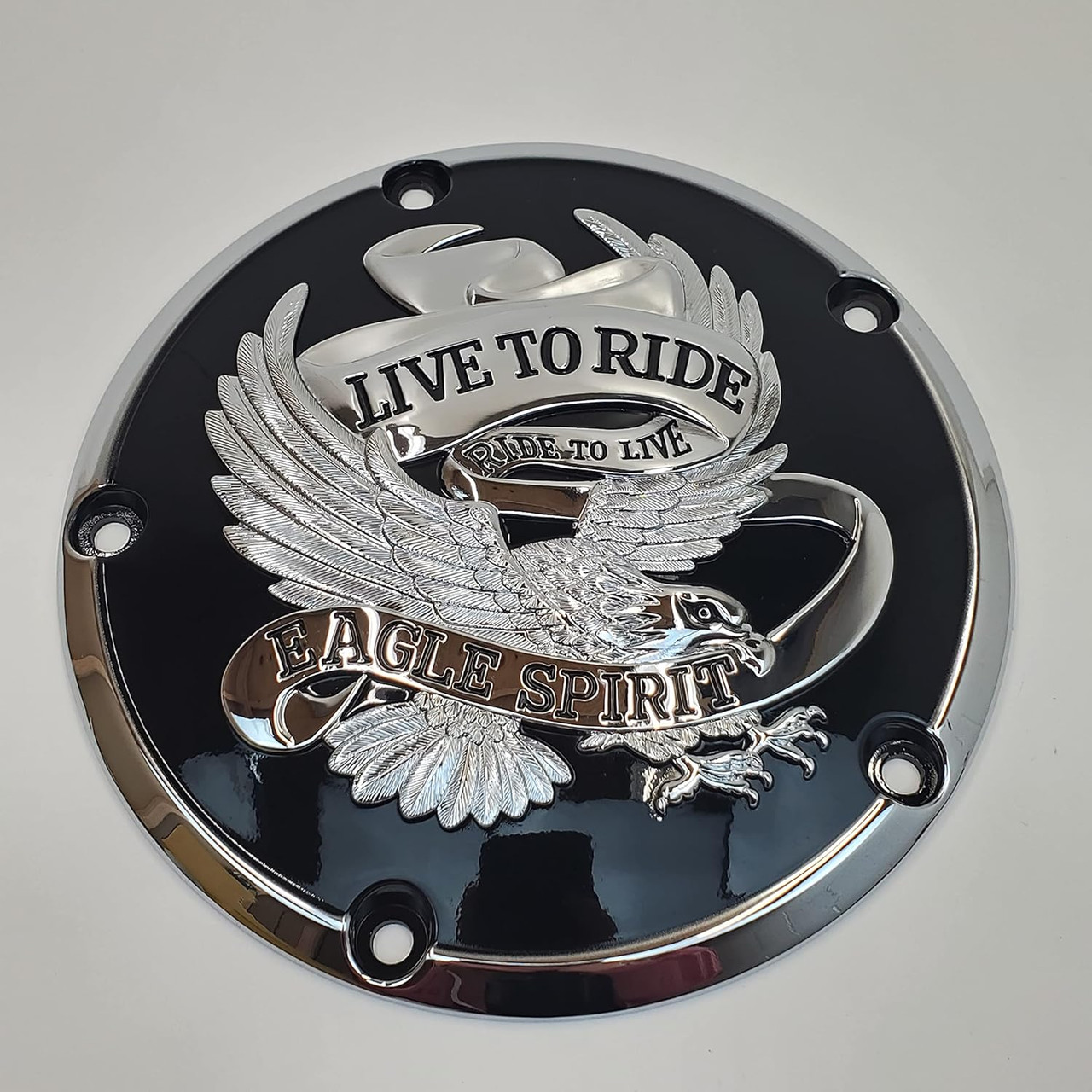 Chrome & Black Eagle Spirit Domed 5-Hole Clutch/Derby Cover for